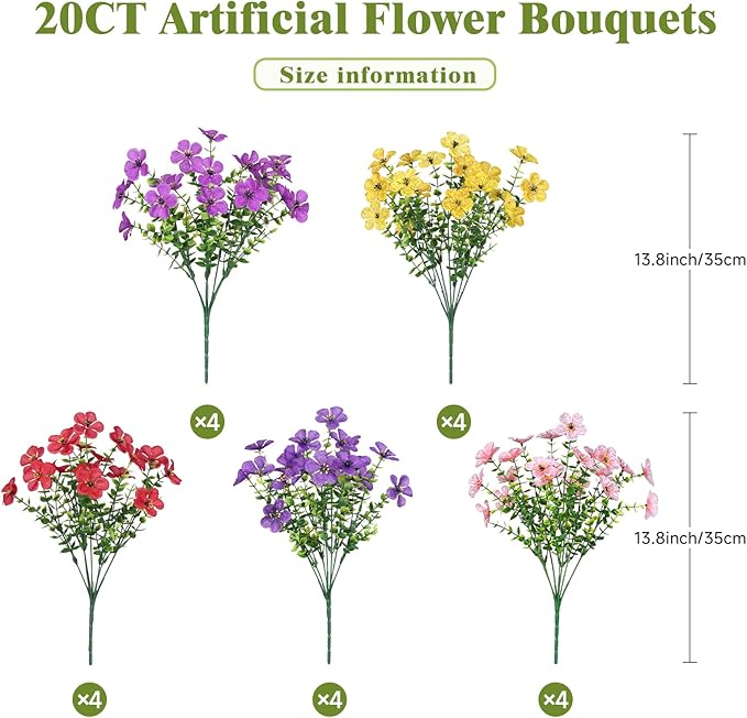Alupssuc 20 Bundles Artificial Flowers for Outdoor Indoor Decoration, UV Resistant No Fade Fake Plants Eucalyptus, Colorful Faux Spring Flowers for Outside Yard Porch Patio Garden Home Window Box