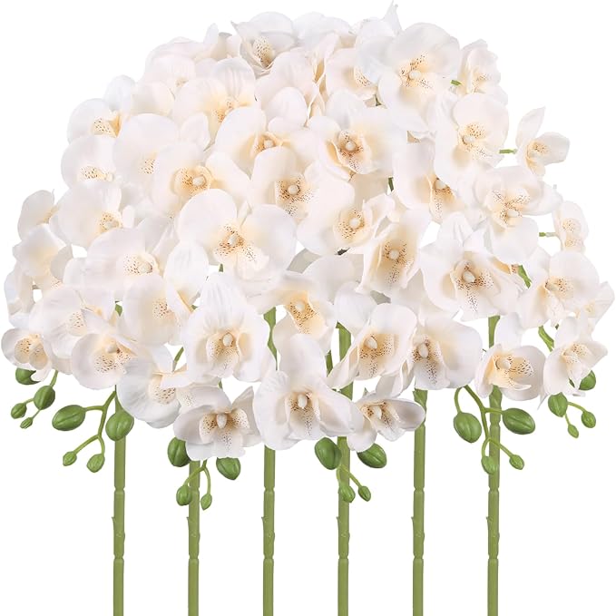 6PCS White Orchid Artificial Flowers 27’’ Fake Orchid Phalaenopsis Branches Silk Orchids for Vase Table Centerpiece Home Wedding Party Garden Decoration(Champagne)