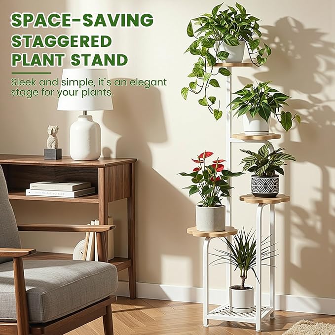 TOSKING 5 Tier Metal Anti-Tip Plant Stand indoor, Wide Base for Pots, Child and Pet Friendly ,Heavy Duty Plant Shelf , Corner Shelf, Flower Pot Stand for Multiple Plants, Indoor Plants Tiered Stand for Living Room Balcony Garden Patio Bedroom (White an...