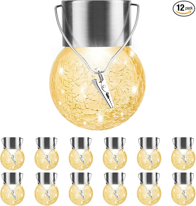 Solar Outdoor Lights Decorative 12 Pack, Hanging Solar Garden Lights Waterproof, Solar Powered Globe Cracked Glass Ball Lantern for Yard Patio Fence Tree Umbrella Holiday Decoration, Warm White