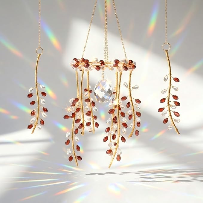 3 Pack Crystal Suncatchers for Window Boho Decor—Purple Plant Inspired Hanging Wind Chimes with Chain Rainbow Prism Indoor Outdoor Home Decor & Plant Lover Gift