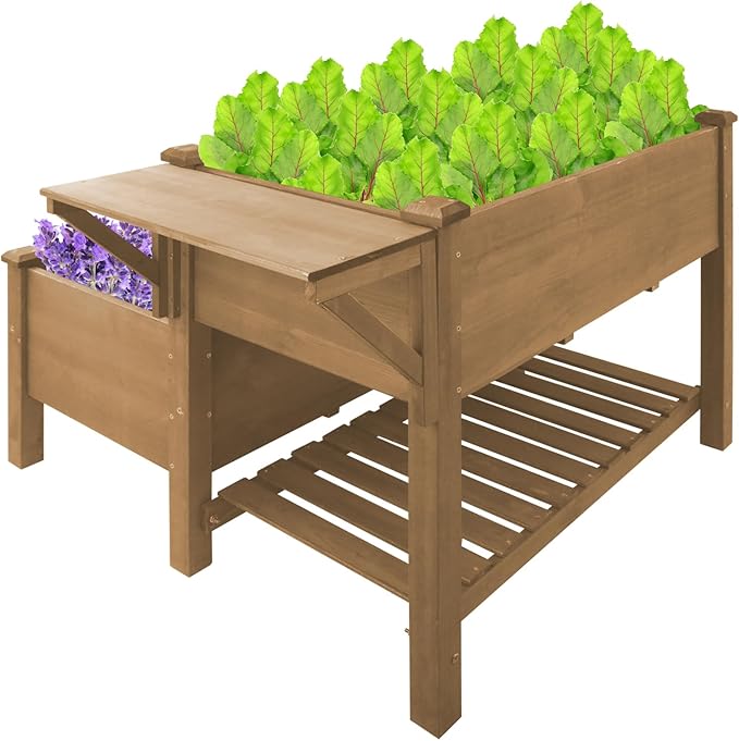 ketive 2-Tier Raised Garden Bed with Legs Outdoor Elevated Garden Box,Storage Shelf,Protective Liner for Backyard,Patio,Balcony,55x42x30in (Brown)