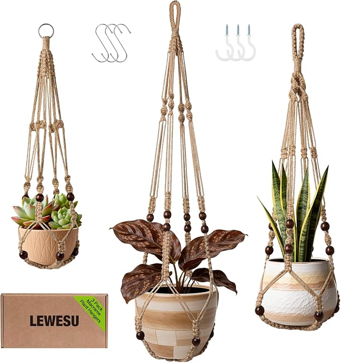 LEWESU 3 Pack Jute Macrame Plant Hanger Indoor 3 Different Sizes Hanging Planter Basket Flower Pot Holder with Wood Beads & No Tassels for Boho Home Decor, 23, 30, 35 Inch, Brown (Pot Not Included)