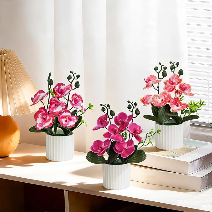 4Pcs Fake Orchids Artificial Flowers Washable Phalaenopsis Orchids Flowers in Pot for Home Wedding Table Centerpiece Bathroom Office Decoration (Purple & Red)