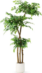 5FT Artificial Ficus Tree with White Planter and Pebbles,Faux Silk Tree with Lifelike Leaves and Realistic Trunk,Tall Fake Potted Plant for Home and Office Décor Indoor and Outdoor (5FT)