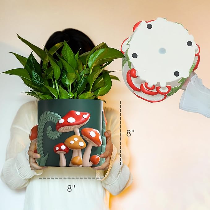 GUGUGO 8 Inch Colorful Mushrooms Planters Cute Unique Rainbow Planter with Drainage, Vintage Retro Flower Plant pots for Indoor Plants, Boho Modern Home Décor (8 Inch, B)