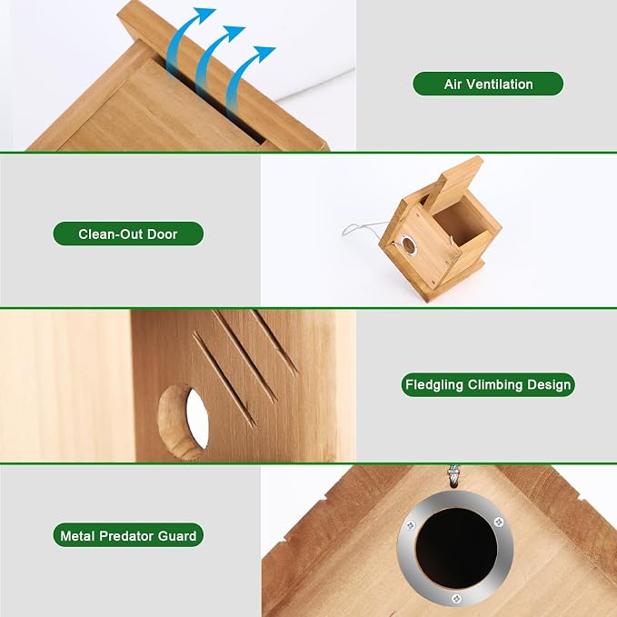 Wren Bird House for Outside, Hanging Wood Nesting Box for House Wrens & Carolina Wrens, 1-1/8" Entrance Hole, Air Vents & Clean-Out Door, Weather-Resistant Birdhouse for Backyard Bird Watching 1 Pack