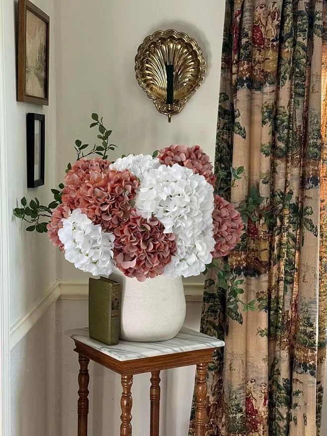 ZYTUYO 5 Pcs Orange Coffee Silk Hydrangeas Artificial Flower Boho Dried Touch 20'' Faux Hydrangeas for Indoor Home Decor Kitchen Living Room Outdoor Porch Wedding Flower Arrangement