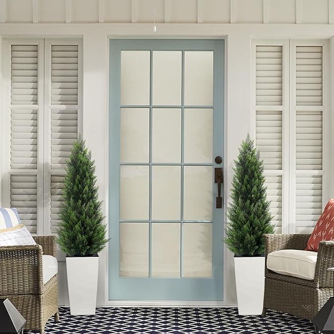 5FT Tall 2 Pack Artificial Cedar Topiary Trees with Compact Pyramidal Shape, Realistic Faux Cypress in Square White Pot with Fillable Water Bag, Outdoor Evergreen for Front Porch Garden Home Decor