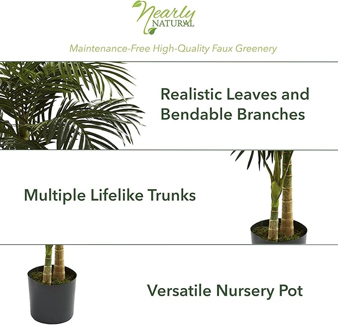 Nearly Natural 6.5ft Artificial Golden Cane Palm Tree, Lifelike Silk Indoor Palm With Three Textured Trunks Flexible Fronds Nursery Planter, Low Maintenance