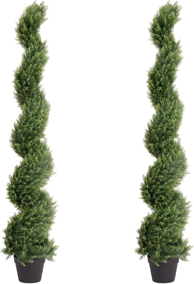 THE BLOOM TIMES 5ft Artificial Topiary Trees Set of 2, Faux Cedar Cypress Spiral Topiary Trees Outdoor - Fake Plants for Garden Front Porch Indoor Outside Planter Decor 5 Foot