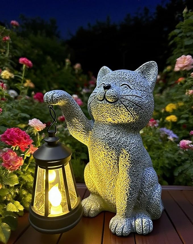 YODY Garden Statues Outdoor Garden Decor: Cat Statue with Solar Lantern for Yard Art Lawn Ornaments Porch Patio Balcony Home House - Birthday Gifts for Grandma Mom Women