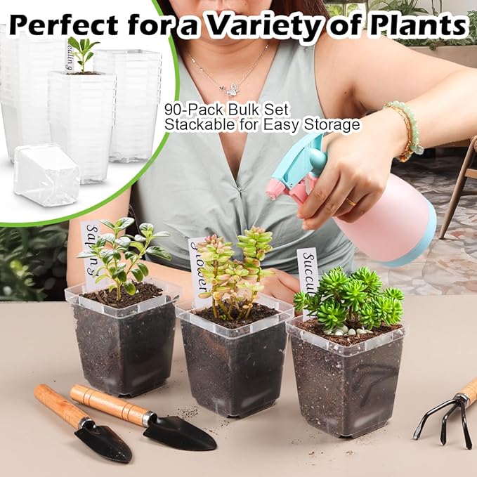 RooTrimmer 3.3 Inch Clear Nursery Pots with Drainage,90 Pack Square Seedling Pots with Plant Lables,Reusable Seed Starter Pots for Succulents Transplanting Herbs Flowers Tomato Windowsill Gardening