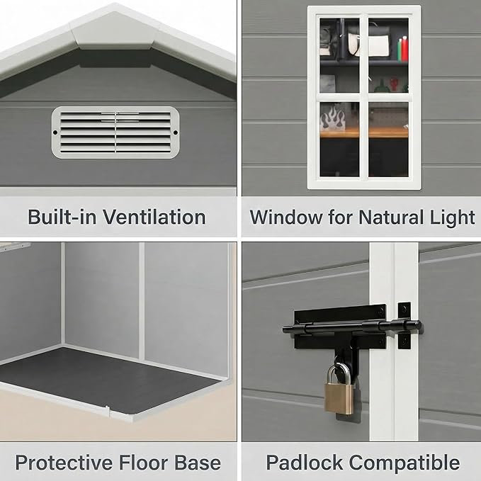 Gizoon 6x4.4 FT Resin Shed with Floor, Plastic Outdoor Storage Shed with Windows, All-Weather Garden Tool Shed with Lockable Doors, Suitable for Backyard & Patio (Grey)