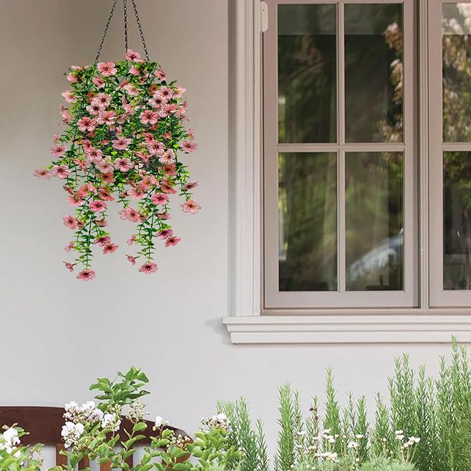 4 Pcs Fake Outdoor Artificial Flowers For Outdoors Uv Resistant, Plastic Flowers For Outdoors, Fake Hanging Plants Faux Flowers For Outdoor Planters, Silk Spring Flowers For Outside Porch（Pink）