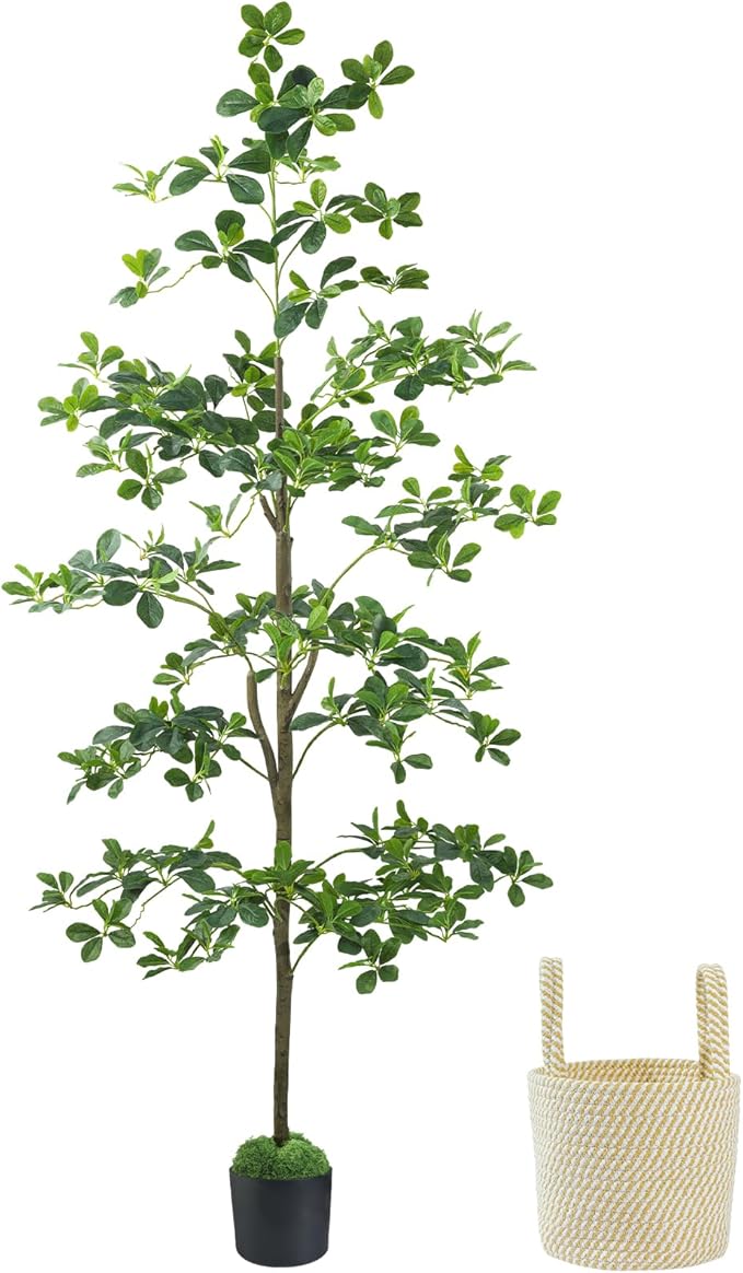 Artificial Black Olive Tree 6FT, Fake Potted Tree for Indoor Outdoor, Lifelike Faux Floor Plants with Moss Topper and Cotton Basket, Home Office Living Room Bedroom Doorway Hallway Decor
