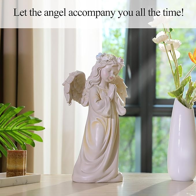 Angel Garden Statue,Memory Guardian Solar Garden Decor with Warm Light,Waterproof Outdoor Garden Decor Praying Angel Figurine Sculpture for Lawn Yard Patio,Sympathy Present,White