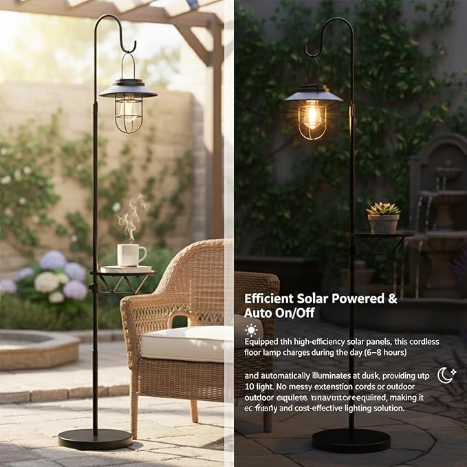 Kirschblüte Solar Floor Lamp with Table, 60" Outdoor Shepherd Hook with Solar Light Waterproof Metal Side Table for Patio, Heavy Duty Solar Pole Light for Garden, Deck, Porch and Backyard Decor