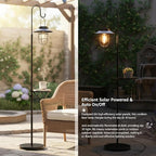 Kirschblüte Solar Floor Lamp with Table, 60" Outdoor Shepherd Hook with Solar Light Waterproof Metal Side Table for Patio, Heavy Duty Solar Pole Light for Garden, Deck, Porch and Backyard Decor
