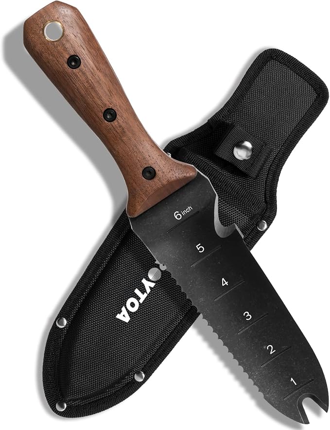 ROYTOA Hori Hori Garden Knife, Garden Tools with Sheath for Weeding,Planting,Digging, 7" Stainless Steel Blade with Cutting Edge, Full-Tang Wood Handle with Hanging Hole