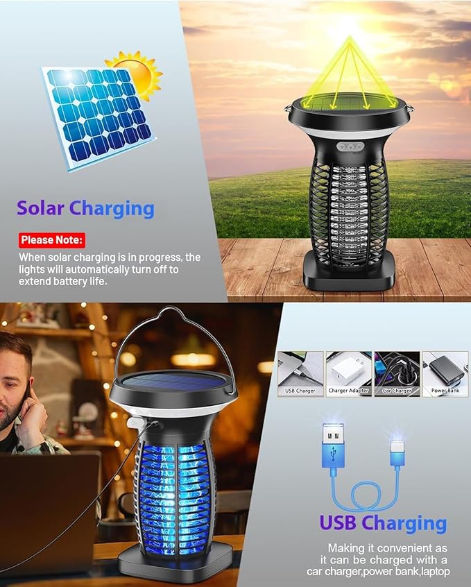 Solar Bug Zapper Outdoor Waterproof, Portable & Rechargeable Bug Zapper with Panel Sensor & LED Night Light Mosquitoes Zapper, Electric Fly Zapper for Home, Patio, Backyard, Camping