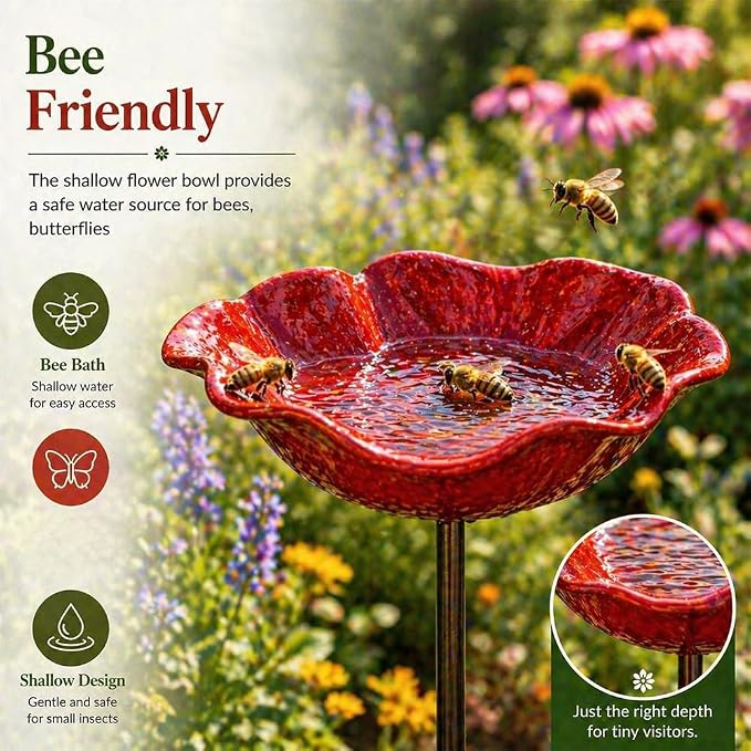 Metal Flower Garden Stakes Bird Bath, Handmade Metal Flower Garden Stake with Bee Bath, Bird Water Bowl Water Station for Outdoor Yard Lawn Patio Decor (Green)