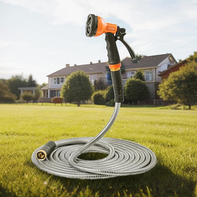 VEVOR Garden Hose Metal 150 ft, Rust Proof Stainless Steel Water Hose, Heavy Duty Backyard Hose with 10 Function Nozzle, No-Kink & Flexible Water Pipe, Lightweight Metal Hose for Yard, Outdoor
