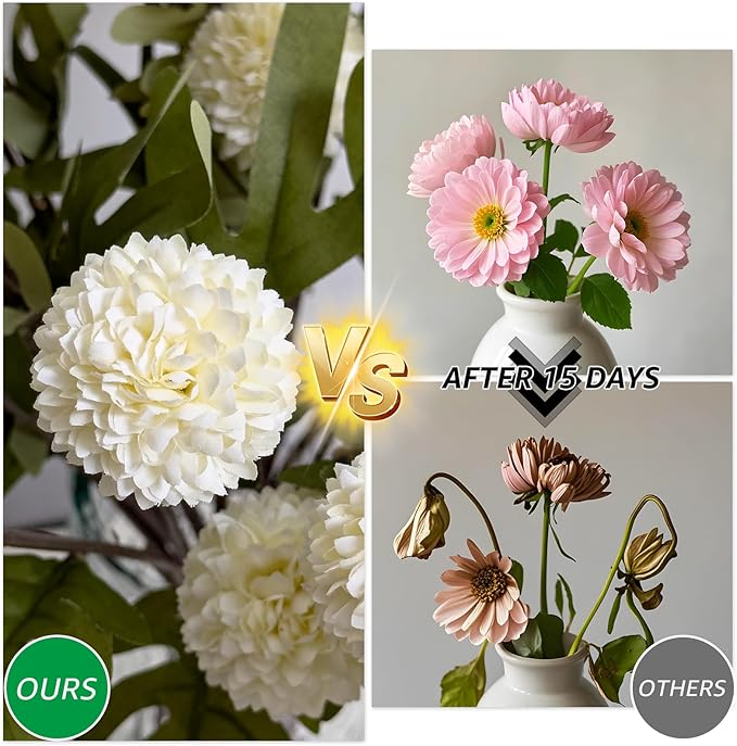 Artificial Flowers 10 Pcs Faux Silk Pompon Mum, Bulk Fake Flowers Mini Chrysanthemums with Stems for DIY Bouquet Centerpieces Wedding Fillers Champagne Arrangements Room Decor, White
