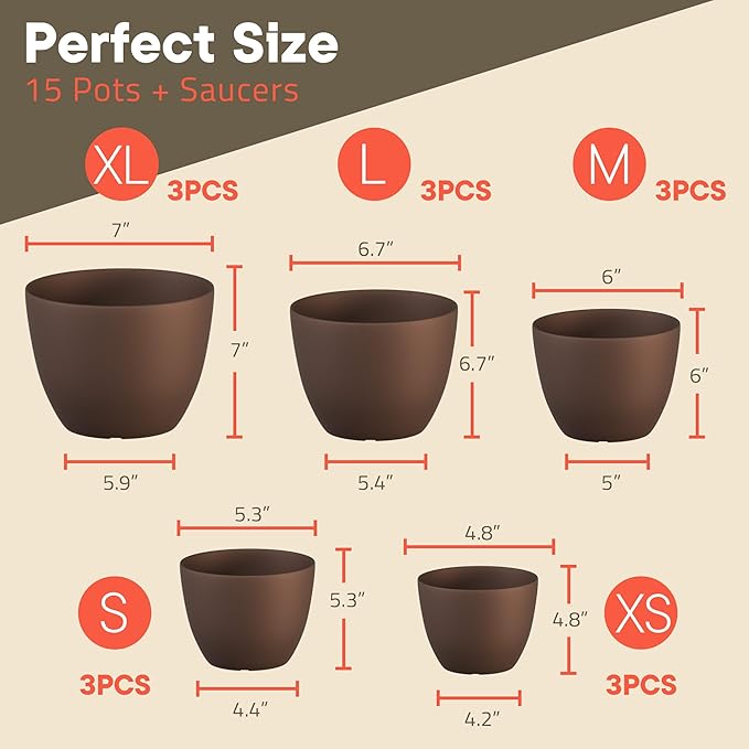 Planter Pots with Drainage Holes - Lightweight, Durable & Space-Saving Pots for Indoor and Outdoor - Versatile Functionality, Simple Modern Design, Set of 15 Plastic Planter Pots - Brown