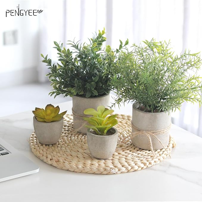 4 Pack Small Fake Plants in Pot for Home Decor, Artificial Plants Indoor, Small Faux Succulents Plants Indoor for Bathroom Bedroom Kitchen Office Farmhouse Room Shelf Decor