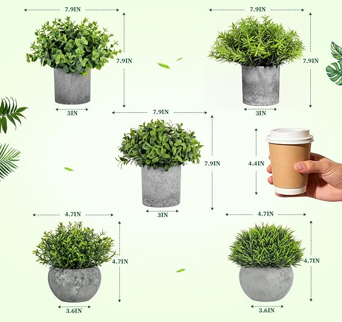Lemonfilter Small Fake Plants, 5 Pack Mini Potted Artificial Eucalyptus Plant Greenery Plastic Fake Plants Faux Plant for Table Shelve Bathroom Kitchen Rustic Farmhouse Indoor Decor