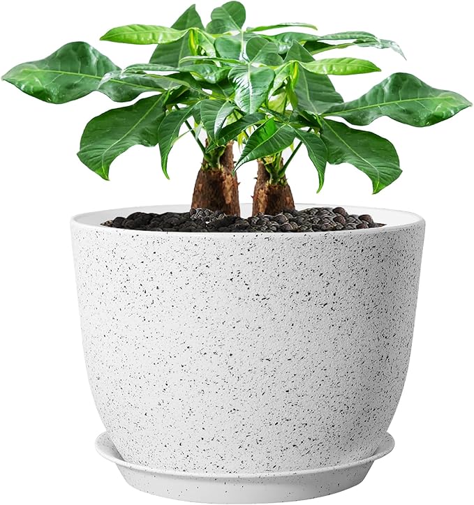 UOUZ 12inch Large Plant Pot, Modern Plastic Planter with High Driange Holes and Saucer for Indoor Outdoor Garden Plants and Flowers, White Speckles