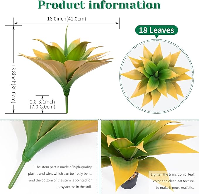 2 Pack 16 Inch Artificial Agave Plant - Large Faux Succulent Steams for Indoor Outdoor Decorating, UV Resistant Realistic Tropical Greenery for Garden Front Porch Aesthetic Decor - 18 Leaves, Yellow