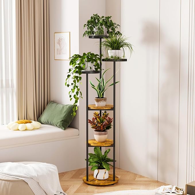 Plant Stand 6 Tier Indoor Metal Plant Shelf for Multiple Plants Corner Tall Flower Holders for Living Room Bedroom Balcony, Black (6 Tier-Black+Rustic Brown)