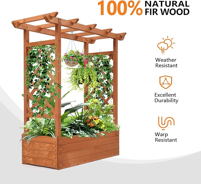 VINGLI 45 in Raised Garden Bed with Trellis & Hanging Roof, Wooden Elevated Planter Box with Drainage Holes for Outdoor Climbing Plants Vegetables Flowers, Patio Yard Balcony