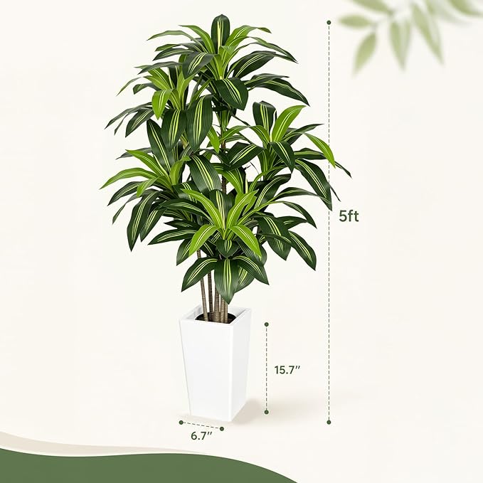 Artificial Dracaena Tree 5FT, Stable Multi-Trunk Fake Tree Indoor with White Tall Planter,Faux Silk Plant for Living Room Office Decor, UV Resistant Realistic Leaves