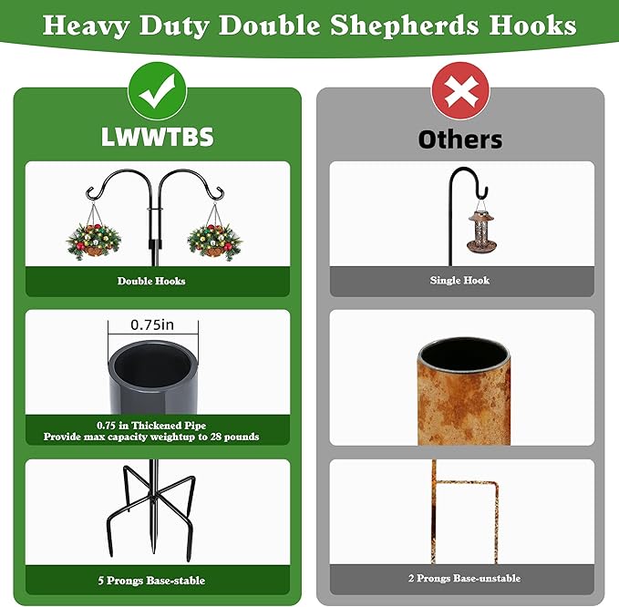 LWWTBS Double Shepherds Hooks for Outdoor (2Pack,76 inch) Heavy Duty Adjustable Bird Feeder Pole Garden Decor Shepherds Hook for Hanging Bird Feeder, Plant Baskets, Hummingbird Feeder for Outside