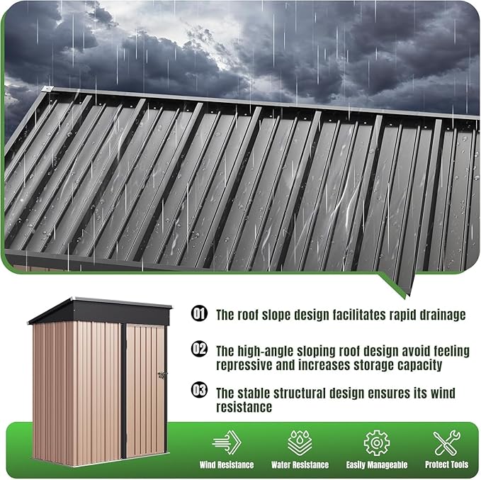 Aoxun 5' x3 ' Outdoor Metal Storage Shed with Galvanized Steel Base, Heavy-Duty Garden Tool Shed for Patio, Lawn, and Garden, Brown