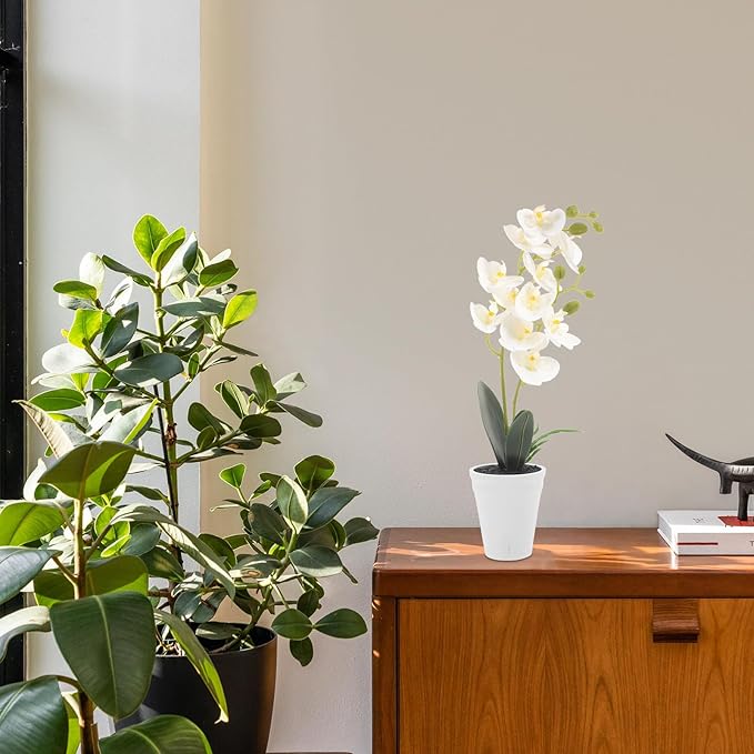 Artificial Phalaenopsis Orchid Faux Flower Bonsai Potted Plant Model in White Color Desktop Decorative Fake Plant Ornament for Indoor Living Room Décor