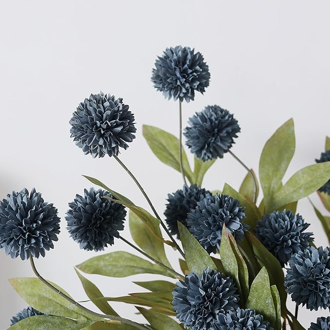 VIERENA 6 Pcs Faux Silk Pompon Mum Artificial Flowers for Vase -27", Bulk Fake Chrysanth Branches with Stems for DIY Bouquet Centerpieces Wedding Fillers Arrangements Shower Decorations (Dark Blue)