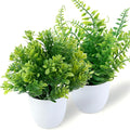GREENTIME 2 Pack Small Fake Potted Plants for Home Decor Faux Eucalyptus Plant in White Pot Artificial Mini Fern Greenery for Bathroom Shelf Indoor Office Desk Living Room Kitchen Decorations