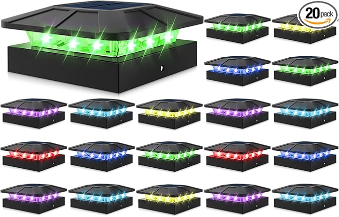 Peasur 4x4 Solar Post Cap Lights RGB Color Changing, 20 Pack Outdoor LED Fence Light Solar Powered Waterproof, Wood/Vinyl Posts Top Lights for Outside Deck Yard Garden Patio