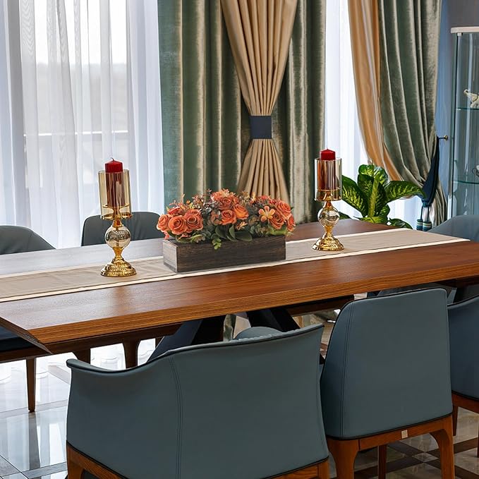Dahey Centerpiece Table Decorations for Dining Room Farmhouse Living Room Fall Table Centerpieces Decor Wood Tray with 3 Artificial Flowers and 2 Eucalyptus for Kitchen Table, Orange
