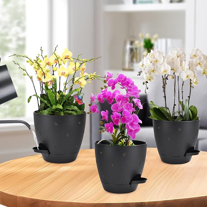 Vanslogreen 6 Inch Orchid Pots with Holes, 2 Pack Self Watering Planters for Orchids Plastic Orchid Pot Plant Flower Pots for Orchids Indoor Outdoor (Black)