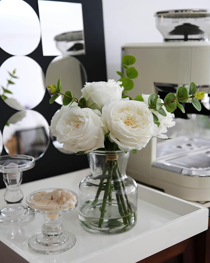 CHASMILE Artificial Flowers with White Roses in Vase, Fix Lifelike Fake Flowers in Vase with Artificial Water, Faux Flower Arrangements for Dining Table Centerpiece Decor