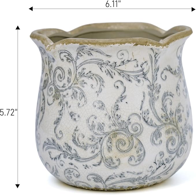 Dosayes Rustic Ceramic Planter, 6 Inch Tuscan Vintage Flower Pot with Drainage, Farmhouse Garden Pot for Indoor Plants, Kitchen & Garden Tuscan Decor, Plant Lover Gift (Grey)