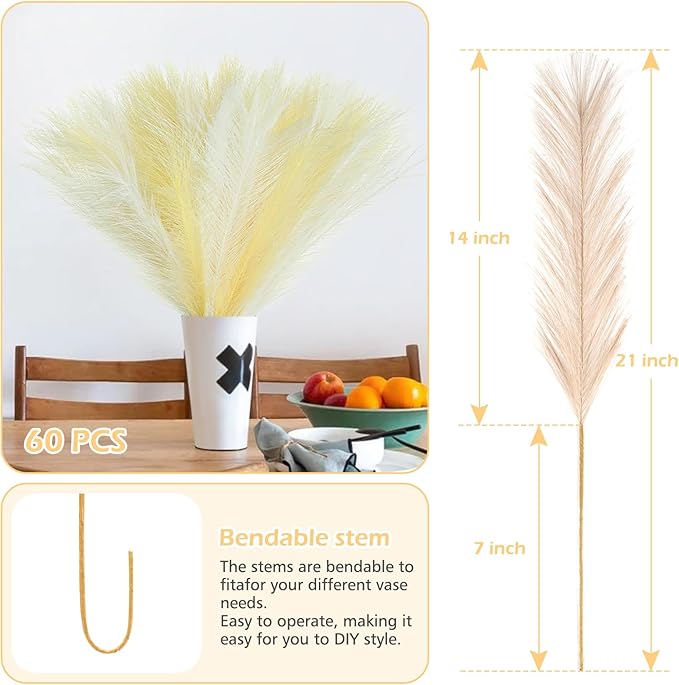SeptCat 60 Pcs Pampas Grass Decor 21.7" Fluffy Faux Short White Yellow Pampas Grass Artificial Small Pompas Grass Flower Vase Filler for Home Wedding Decoration