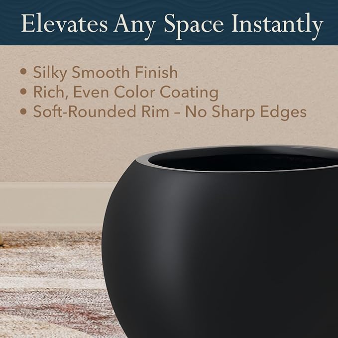 12.8"H x 16"D Premium Globo Fiberstone Round Planter with Drainage Hole, Smooth Finishes, Weather Resistant for Indoor and Outdoor Use, Included 2 Extra Coco Mats (Black, 10.7" Pot Opening)