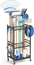 DAOUTIME Garden Organizer With Wheels, Yard Tower Rack for Garage Storage, Up to 35 Long-Handled Tools, Sturdy Metal Steel Holder With 3 Hooks, Outdoor, Black