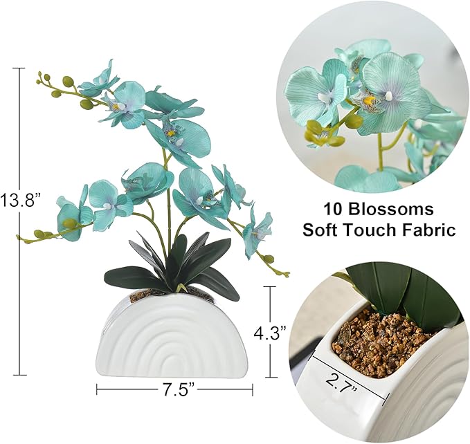 Fake Orchid Plant in White Rainbow Pot, Artificial Silk Phalaenopsis Orchid Flowers for Home Décor, Table Centerpiece, Office Desk (Teal Blue)
